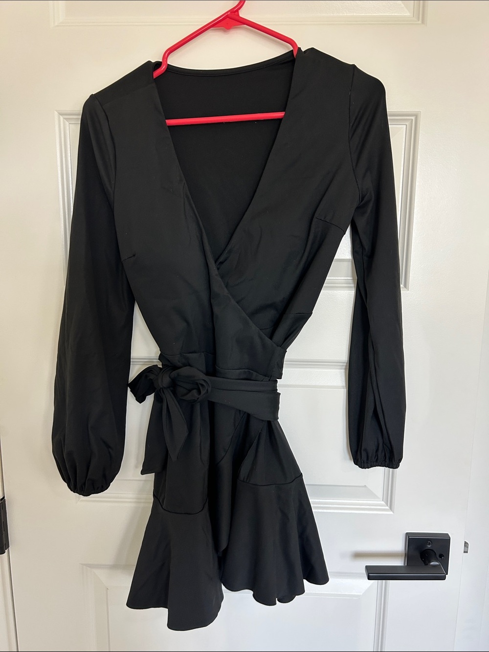 HALARA Black Long-Sleeve Wrap Mini Dress with Tie Waist